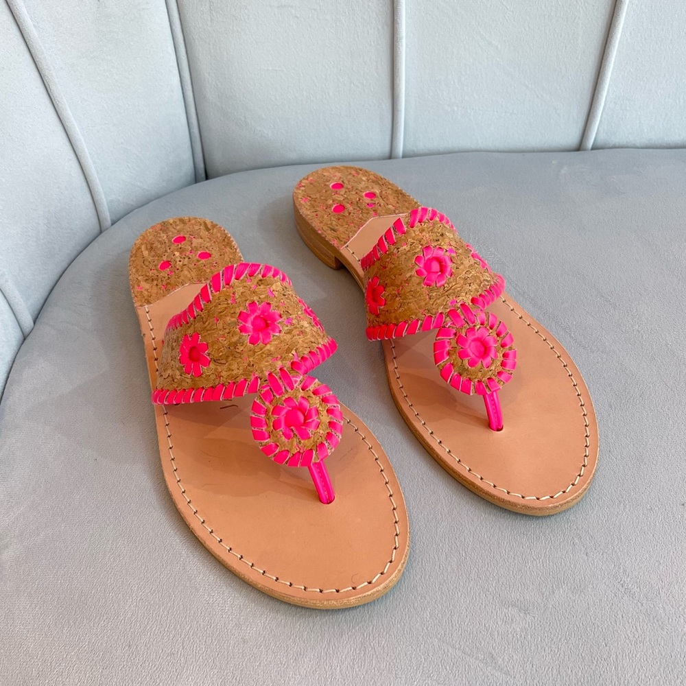 NEW Jack Rogers Classic Cork Leather Jacks Flat Size 9.5 Sandals Neon Pink